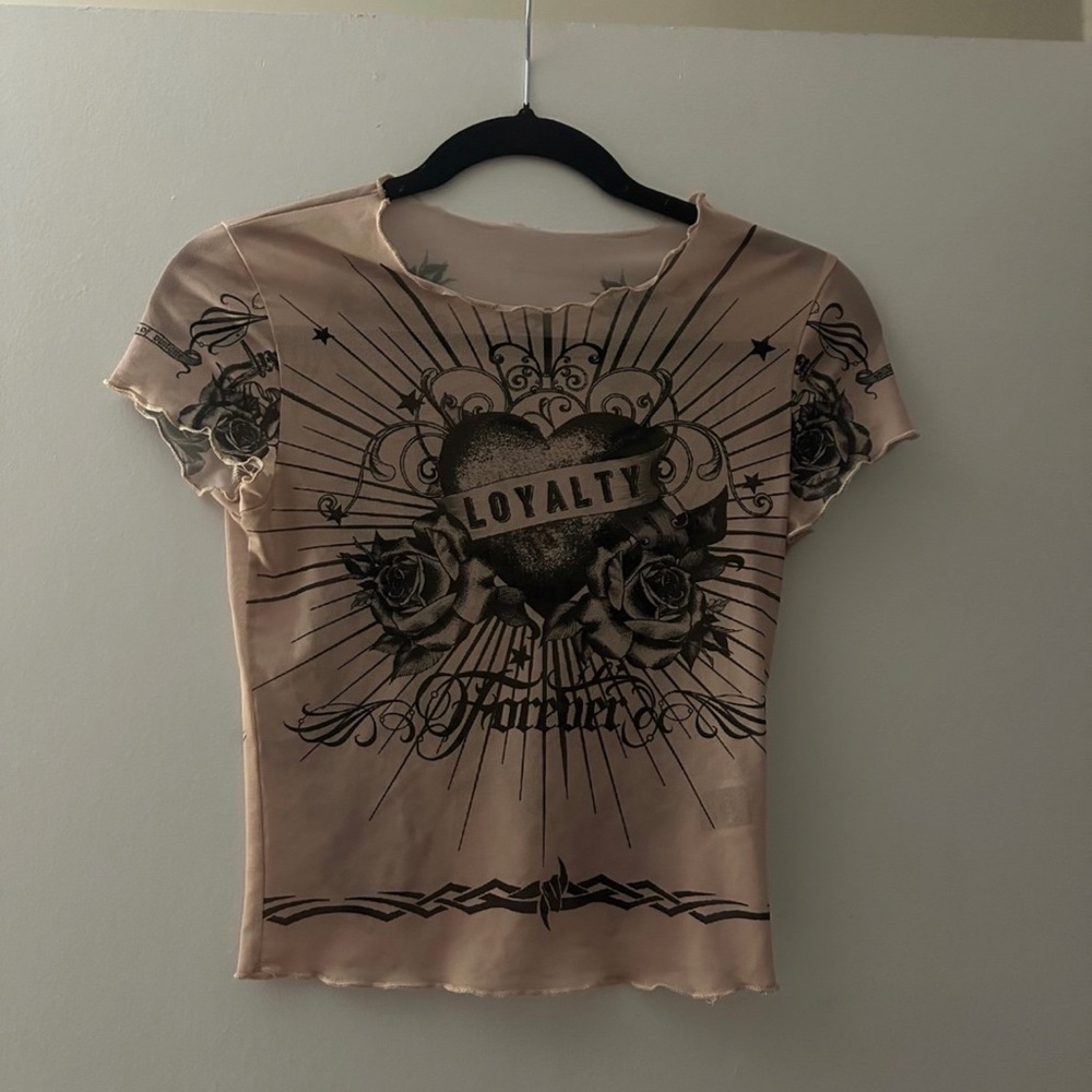 SHEIN BEIGE CROP TOP SHIRT LOYALTY SIZE SMALL **USED GOOD CONDITION